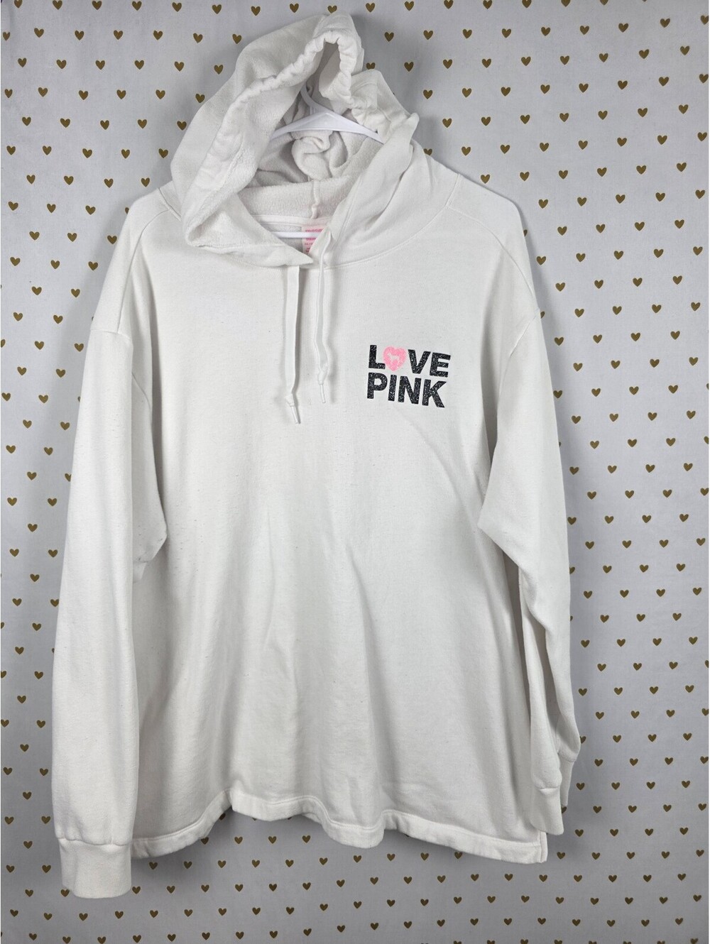 Victorias Secret Pink Campus Originals White Pullover Hooded Sweater BLING XXL
